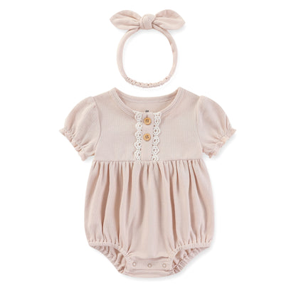 Summer Cotton Bodysuit & Headband Set for Newborn Baby Girls - 0-24 Months Solid Color Jumpsuit