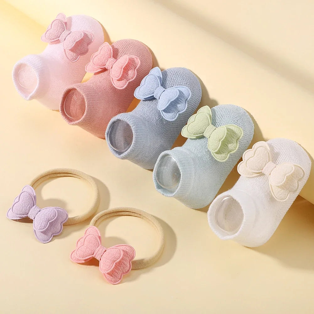 Adorable Baby Socks and Flower Headband Set - 2pcs Candy Color Bow Accessories for Newborns