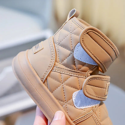 2024 Stylish Plush Leather Winter Boots for Kids - Warm Snow Shoes with Drawstring and Soft Soles for Boys and Girls