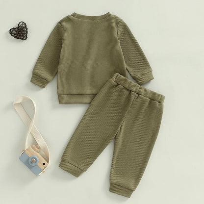 Unisex Baby Waffle Outfit Set with Letter Embroidery - Long Sleeve Sweatshirt and Elastic Waist Pants for Newborns