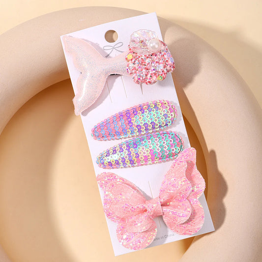 4-Piece Set of Sequin Fish Tail and Butterfly Hairpins for Girls - Kids' Barrettes and Hair Clips, Perfect Baby Accessories and Gift