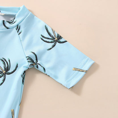 Toddler Unisex Blue Tropical Tree Print Short Sleeve Zipper Swimwear for Ages 1-5