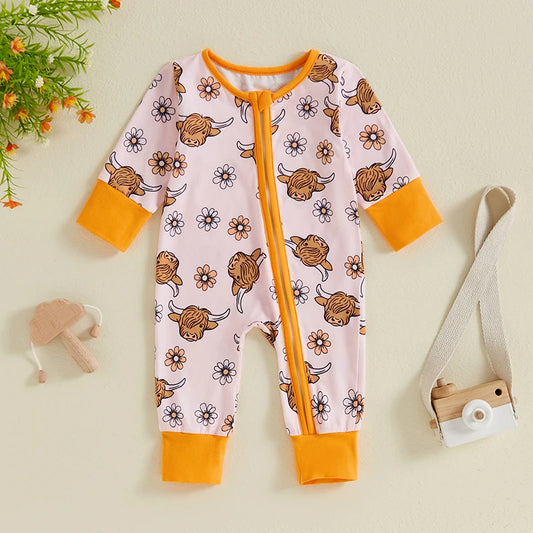Adorable Highland Cow Print Long Sleeve Baby Girl Romper for Autumn and Spring