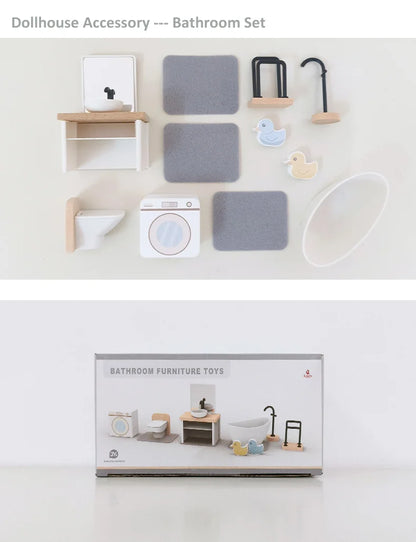 Wooden Dollhouse Furniture Collection - Complete Room Set for Kids' Pretend Play