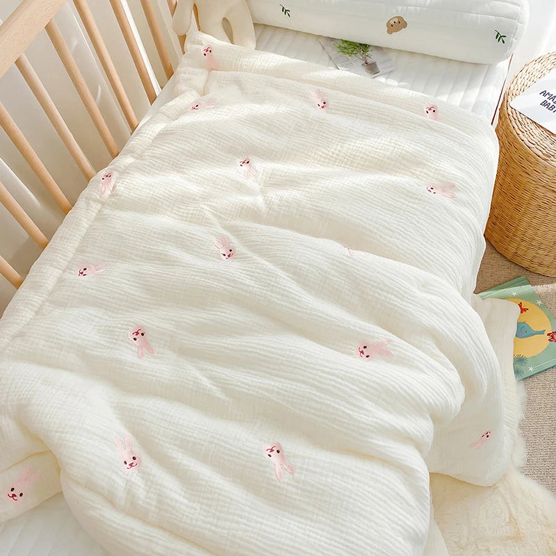 Cartoon Bear and Bunny Soft Cotton Baby Quilt - All-Season Infant Blanket for Newborns, 100*120CM