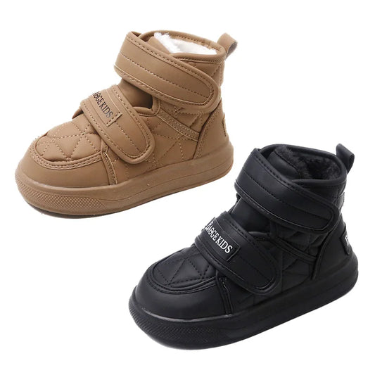 2024 Stylish Plush Leather Winter Boots for Kids - Warm Snow Shoes with Drawstring and Soft Soles for Boys and Girls