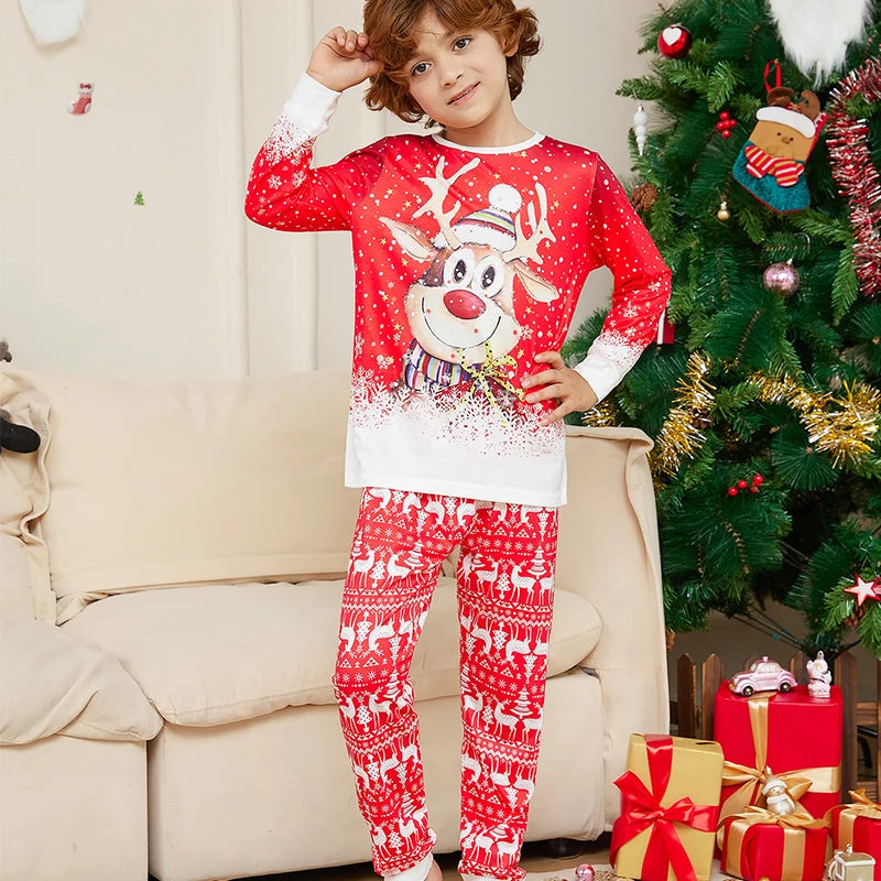 Festive Family Matching Christmas Pajama Set with Reindeer Print - Long Sleeved Nightwear for Parents and Kids
