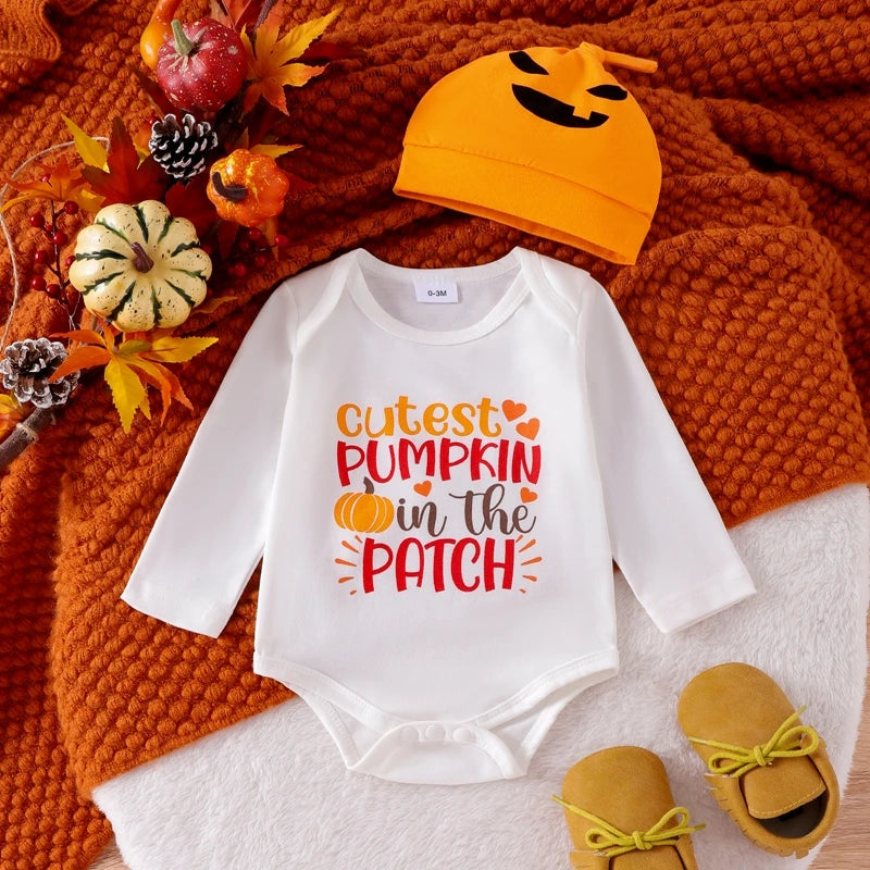 Adorable Baby Halloween Outfit Set with Pumpkin Pants, Hat, and Letter Print Long Sleeve Romper for Newborns