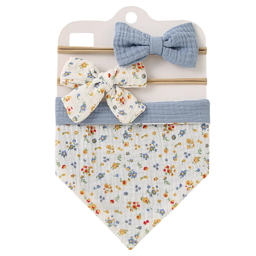3-Piece Muslin Cotton Baby Bib and Bow Headband Set - Adjustable Triangle Saliva Towel for Infants and Toddlers