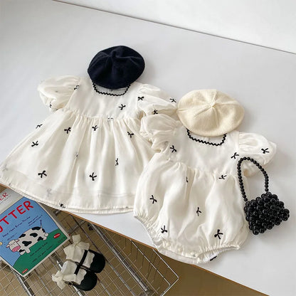 Summer Sisters Infant Bow Puff Sleeve Dress - Breathable Newborn Romper for Girls, Perfect for Summer Gifts