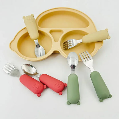 Toddler-Friendly Cartoon Stainless Steel Cutlery Set - Baby Spoon and Fork Dinnerware for Infants