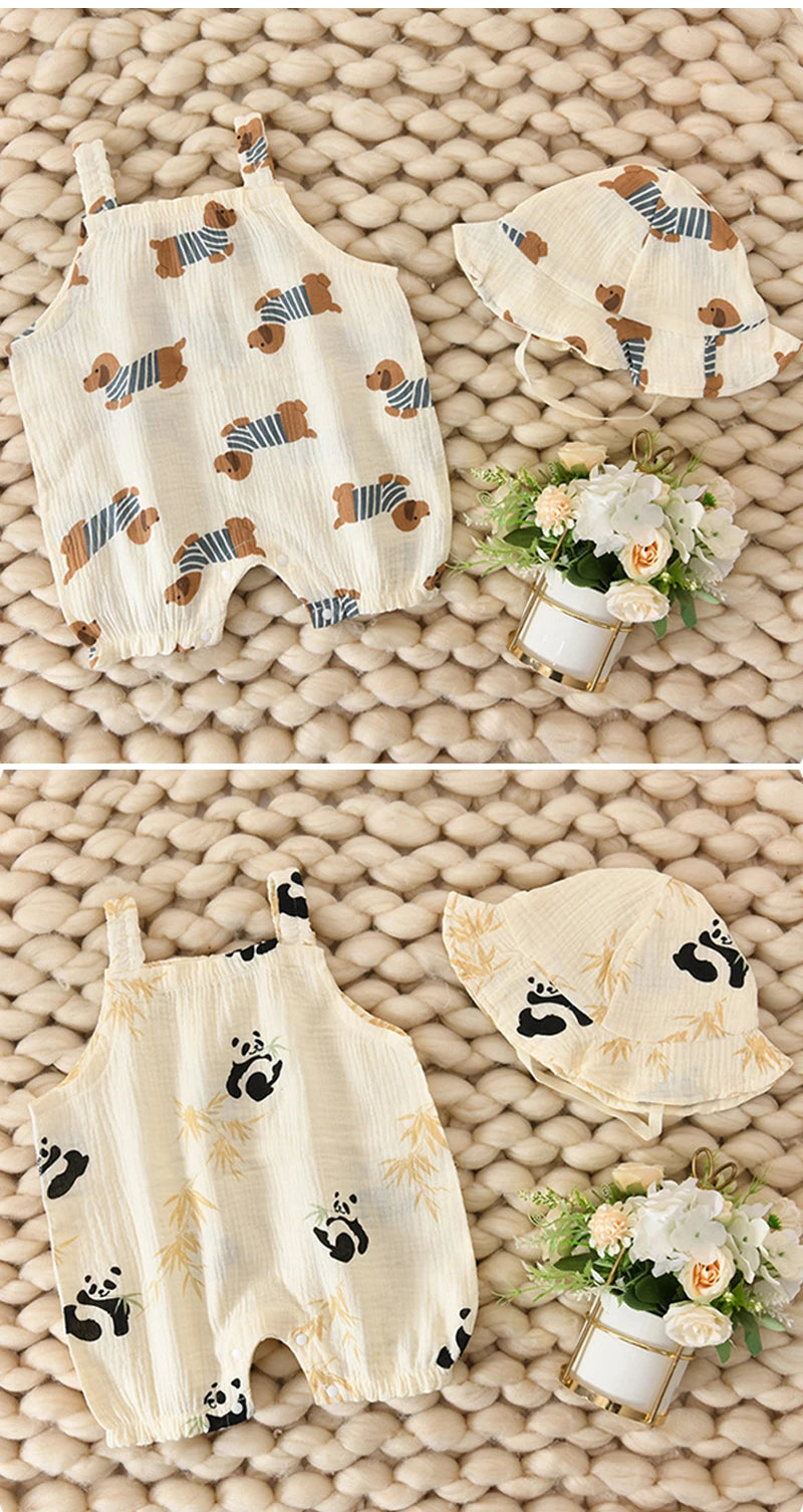 Adorable Cartoon Dog Summer Romper and Hat Set for Babies - Breathable Muslin Jumpsuit for Boys and Girls