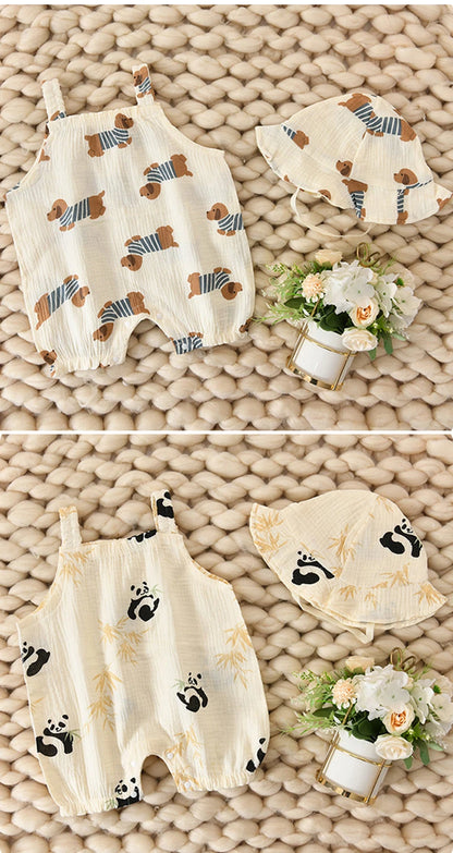 Adorable Cartoon Dog Summer Romper and Hat Set for Babies - Breathable Muslin Jumpsuit for Boys and Girls