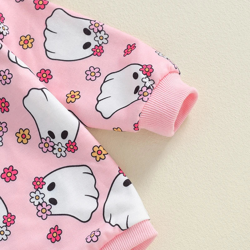 Adorable Baby Girls Halloween Long Sleeve Romper with Witch, Pumpkin, and Skull Floral Print