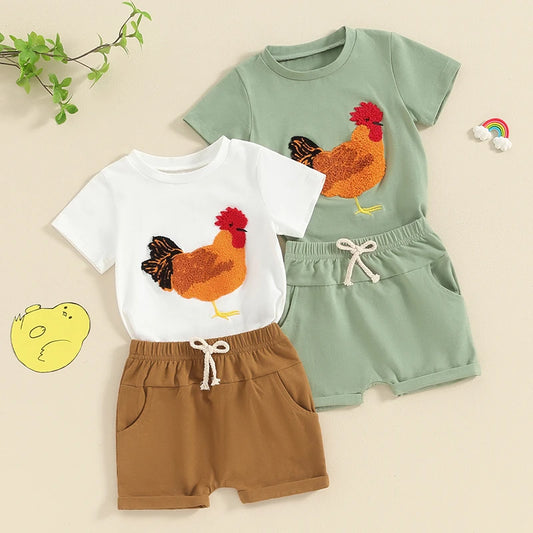 Summer Rooster Print Toddler Outfit for Boys and Girls - Short Sleeve T-Shirt and Shorts Set