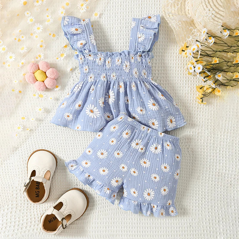 Adorable Baby Girl Summer Outfit Set with 3D Floral Ruffle Top and Shorts