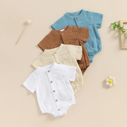 Summer Casual Baby Boy Shirred Romper - Short Sleeve Button Down Jumpsuit for Newborns (0-18 Months)
