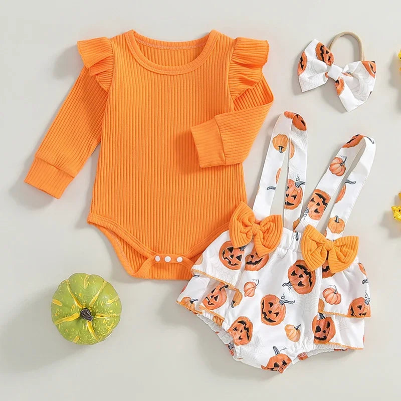 Adorable Baby Girl Long Sleeve Pumpkin Print Romper Set with Overall Shorts and Headband for Halloween