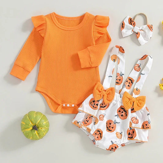 Adorable Baby Girl Long Sleeve Pumpkin Print Romper Set with Overall Shorts and Headband for Halloween