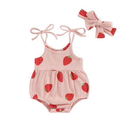 Adorable Baby Girl Summer Strawberry Print Romper and Headband Set - Cute Sleeveless Outfit
