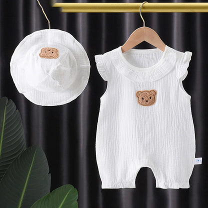 Summer Baby Cartoon Bear Romper and Hat Set for Boys and Girls - 0-24 Months Muslin Jumpsuit with Flying Sleeves