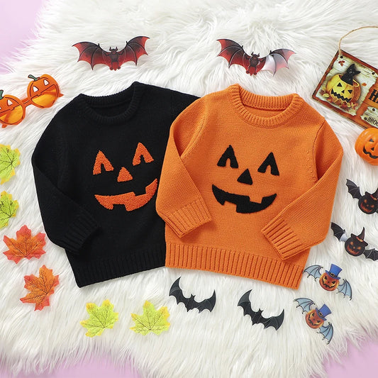 Unisex Toddler Halloween Knit Sweater featuring Witch and Pumpkin Design