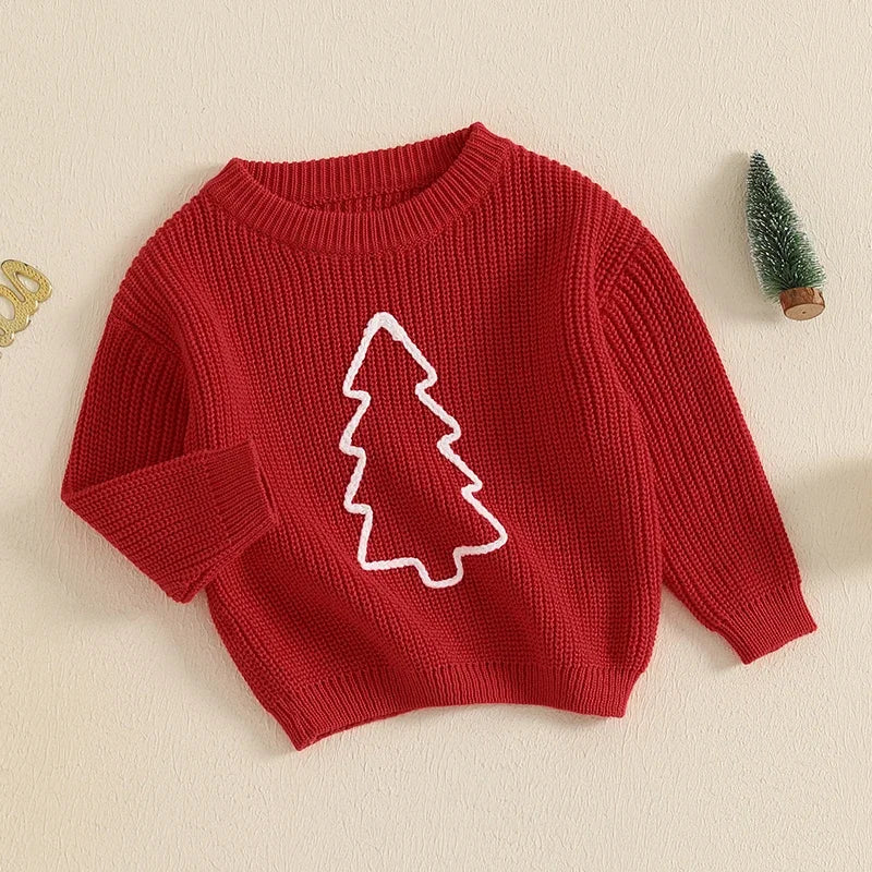 Toddler Unisex Christmas Tree Embroidered Sweater - Long Sleeve Crew Neck Pullover for Kids