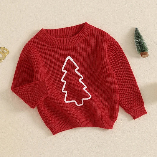 Toddler Unisex Christmas Tree Embroidered Sweater - Long Sleeve Crew Neck Pullover for Kids
