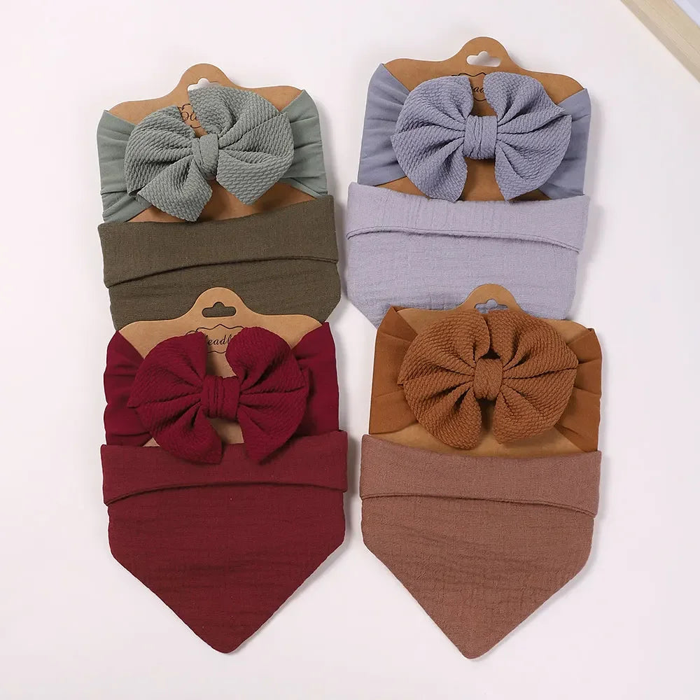 Toddler Ruffled Edge Turban Set with Big Bow - 2Pcs Solid Color Headbands for Newborns and Toddlers