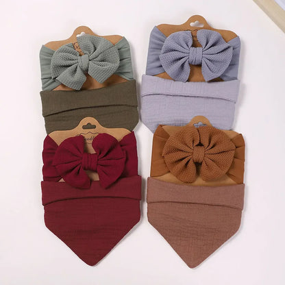 Toddler Ruffled Edge Turban Set with Big Bow - 2Pcs Solid Color Headbands for Newborns and Toddlers