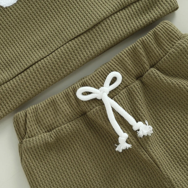 Unisex Baby Waffle Outfit Set with Letter Embroidery - Long Sleeve Sweatshirt and Elastic Waist Pants for Newborns