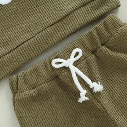 Unisex Baby Waffle Outfit Set with Letter Embroidery - Long Sleeve Sweatshirt and Elastic Waist Pants for Newborns
