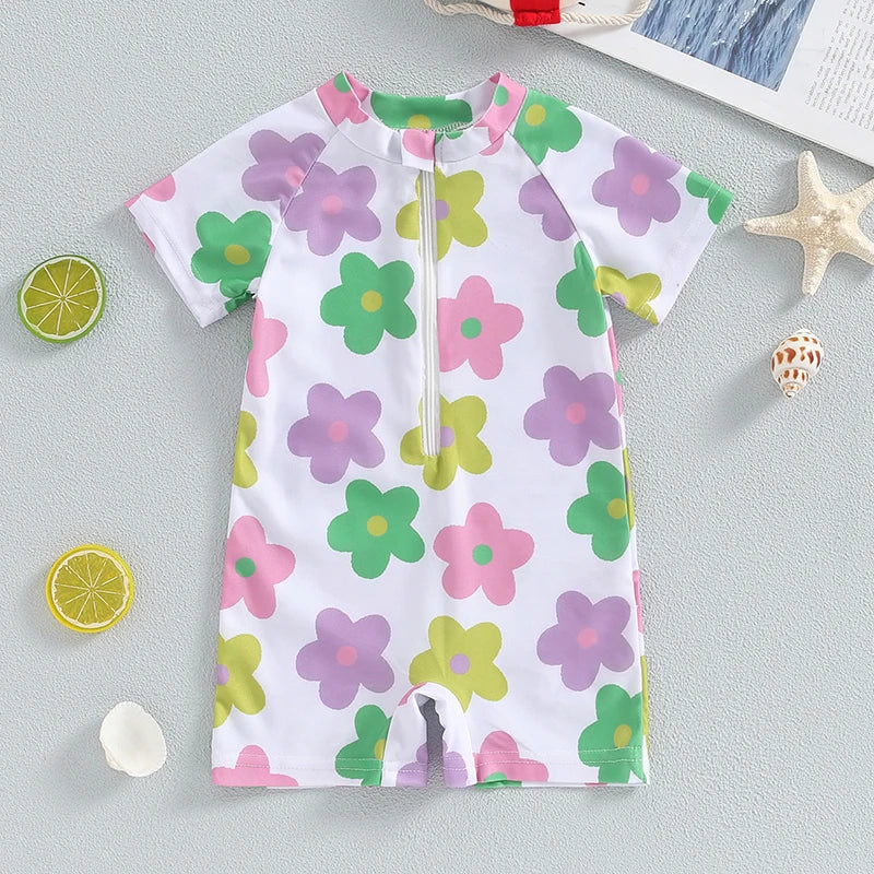 Adorable Floral Print Short Sleeve Swimsuit for Baby Girls - Summer Bathing Suit for Newborns and Toddlers