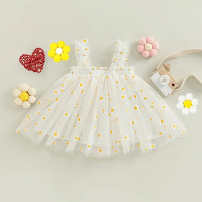 Toddler Girls' Sleeveless Floral Tulle Dress - Elegant Daisy Print Birthday Party Outfit for Summer
