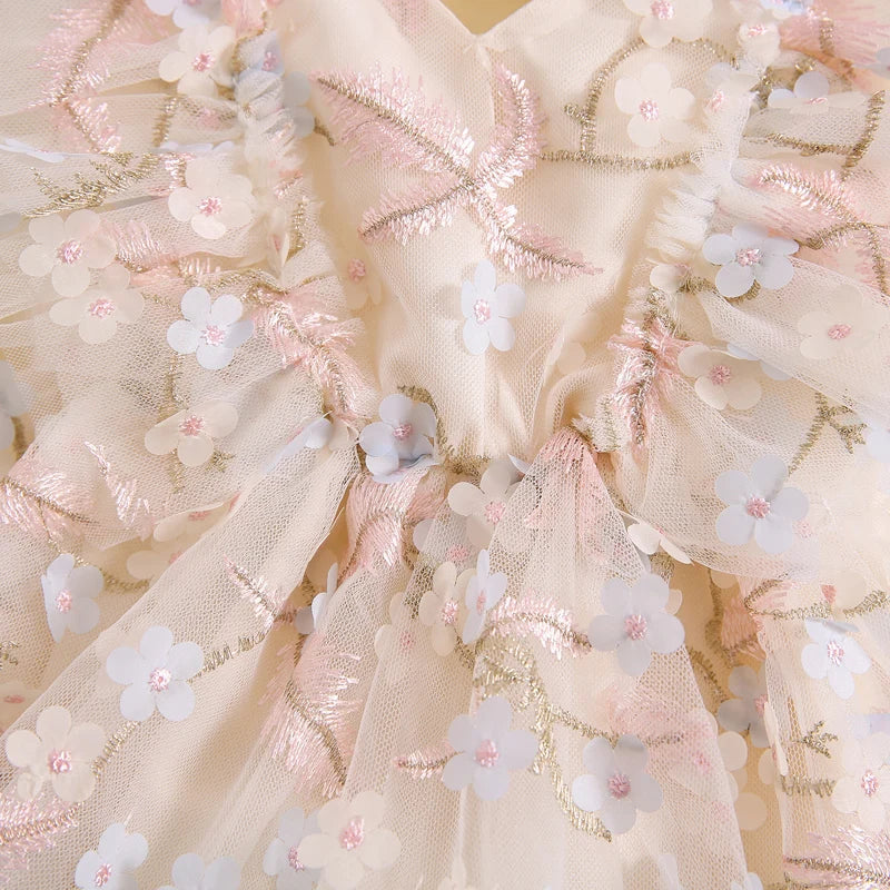 Summer Floral Embroidered Baby Girl Romper Dress Set with Tulle Skirt and Bowknot Headband
