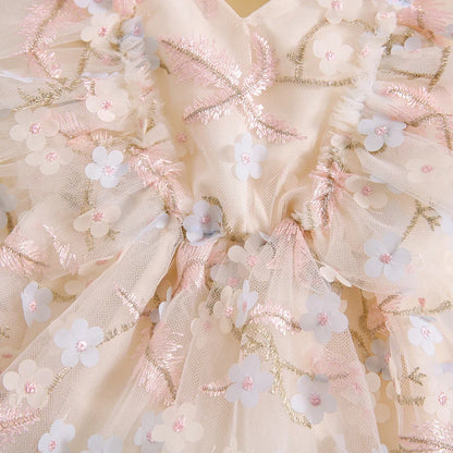 Summer Floral Embroidered Baby Girl Romper Dress Set with Tulle Skirt and Bowknot Headband