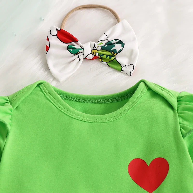 Adorable Baby Girl Christmas 3-Piece Outfit Set with Flying Sleeve Romper, Suspender Skirt, and Headband
