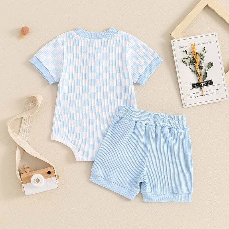 Trendy Baby Boys Summer Ribbed Checkerboard Bodysuit and Shorts Set (0-18 Months)