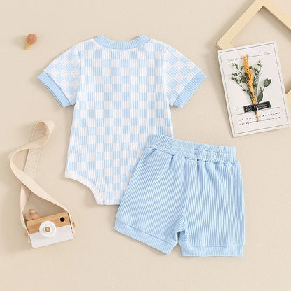Trendy Baby Boys Summer Ribbed Checkerboard Bodysuit and Shorts Set (0-18 Months)