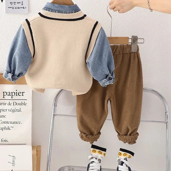 2023 Autumn Toddler Cartoon Elephant Knit Vest and Denim Shirt Set with Casual Pants for Boys - Stylish Three-Piece Outfit