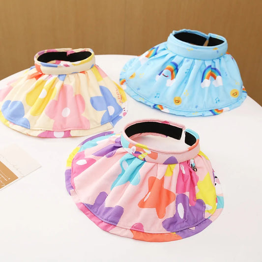 Adjustable Cartoon Sun Hat for Kids - Foldable Big Brim Beach Cap with Flower Bear Design for Boys and Girls