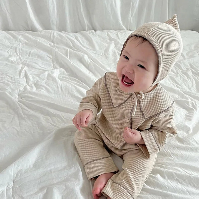 Autumn Baby Girls Waffle Coat, Pants & Hat Set - Stylish Casual Outfit for Newborns and Toddlers 2024