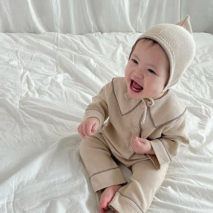 Autumn Baby Girls Waffle Coat, Pants & Hat Set - Stylish Casual Outfit for Newborns and Toddlers 2024