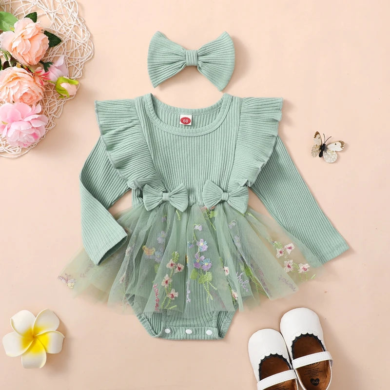 Adorable Baby Girls Floral Ruffled Long Sleeve Romper Dress with Headband Set for Newborns