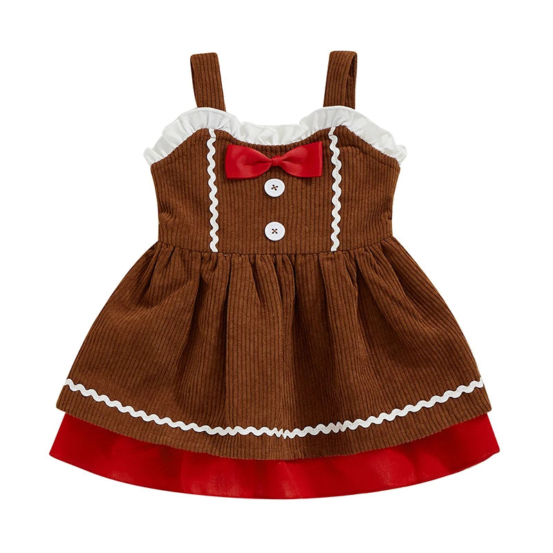 Adorable A-Line Dress for Baby Girls with Gingerbread Man Patch and Ruffled Bow - Perfect for Christmas Parties