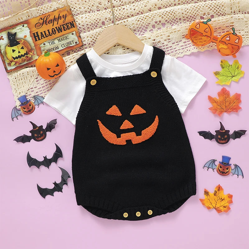Adorable Unisex Baby Knit Romper with Pumpkin Embroidery for Halloween - Perfect Gift for Newborns