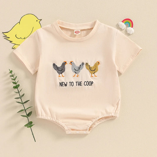 Unisex Baby Romper with Rooster Letter Embroidery - Casual Short Sleeve Jumpsuit for Newborns