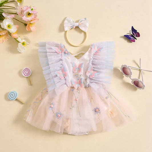 Toddler Summer Outfit Set for Baby Girls - 3D Butterfly & Floral Embroidery Dress with Bow Headband