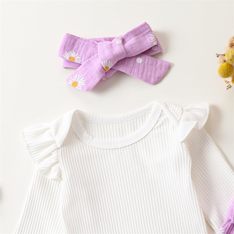Adorable Baby Girl Autumn 3-Piece Cotton Outfits Set with Floral Romper, Pants, and Headband