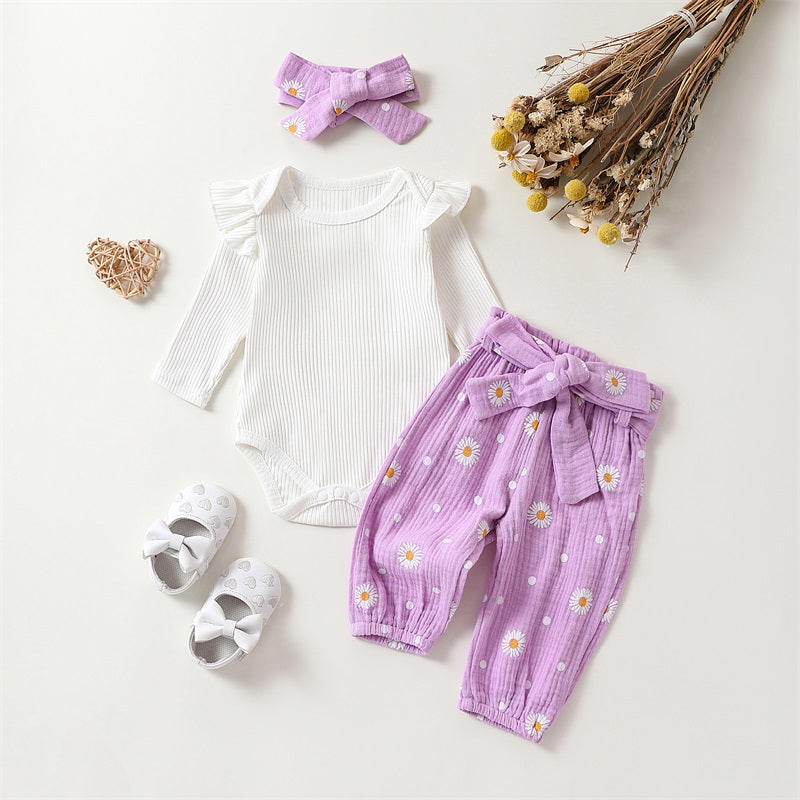 Adorable Baby Girl Autumn 3-Piece Cotton Outfits Set with Floral Romper, Pants, and Headband